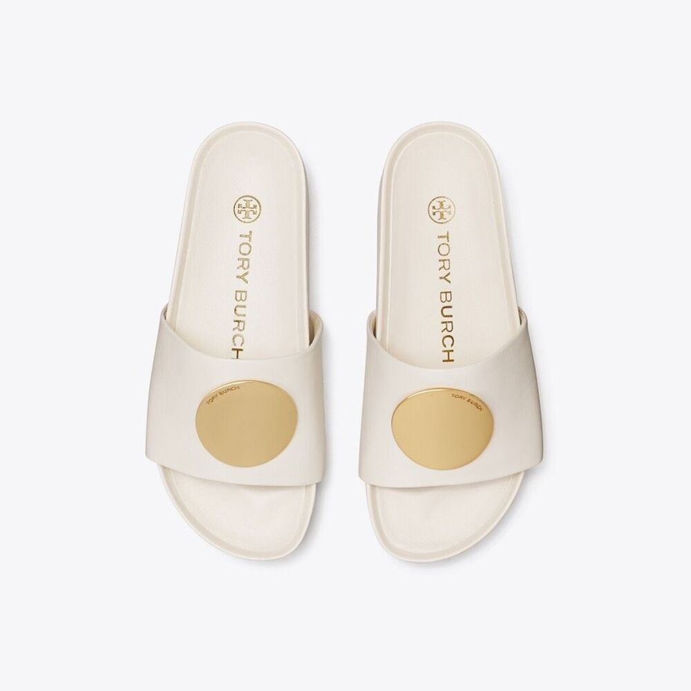Tory Burch Patos Chunky White Napa Leather Gold Slides Size 9 1/2